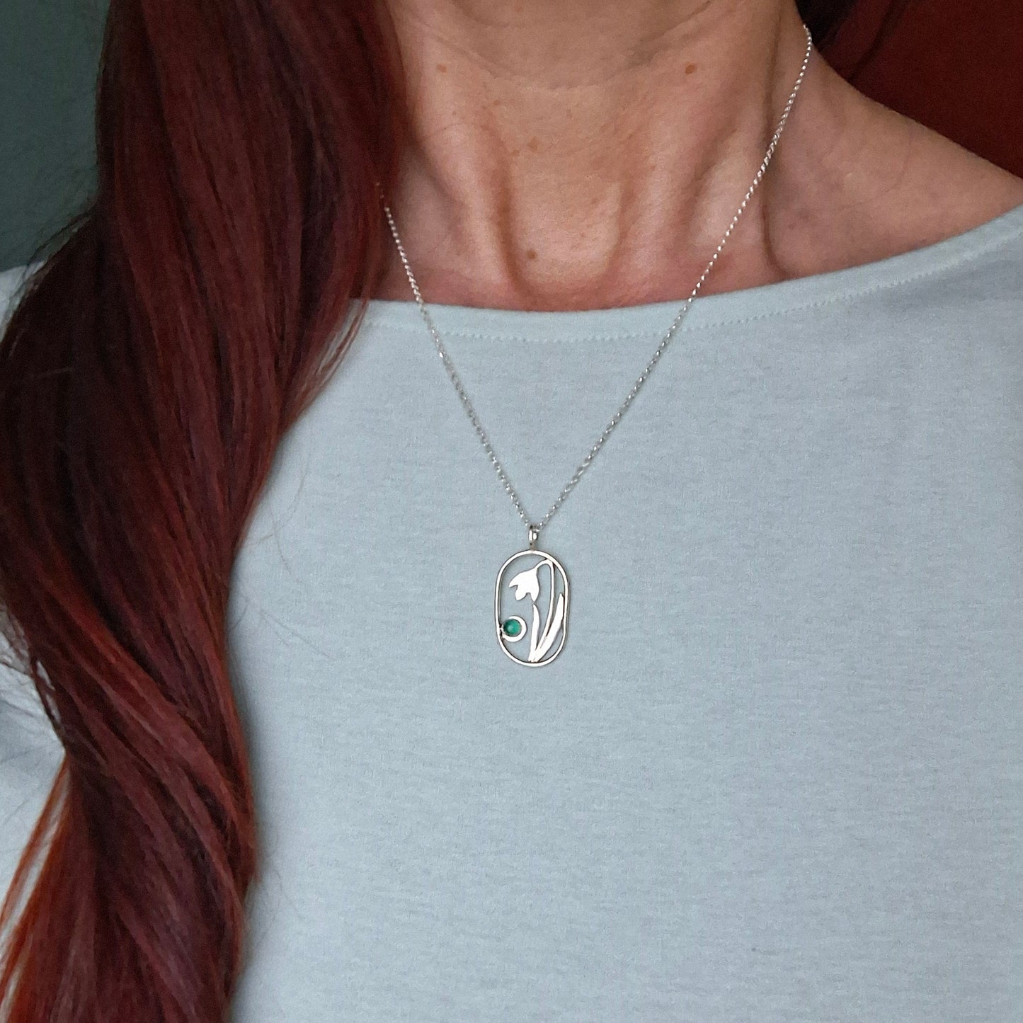 Handmade Oval Snowdrop Pendant with Green Onyx