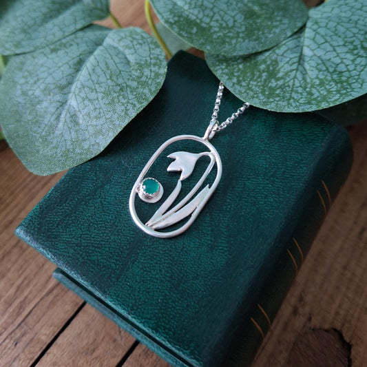 Handmade Oval Snowdrop Pendant with Green Onyx