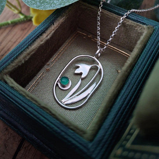 Handmade Oval Snowdrop Pendant with Green Onyx