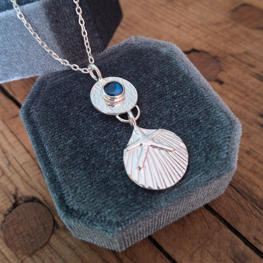 Handmade Silver Seaside Pendant with Shell, Starfish & Blue Paua