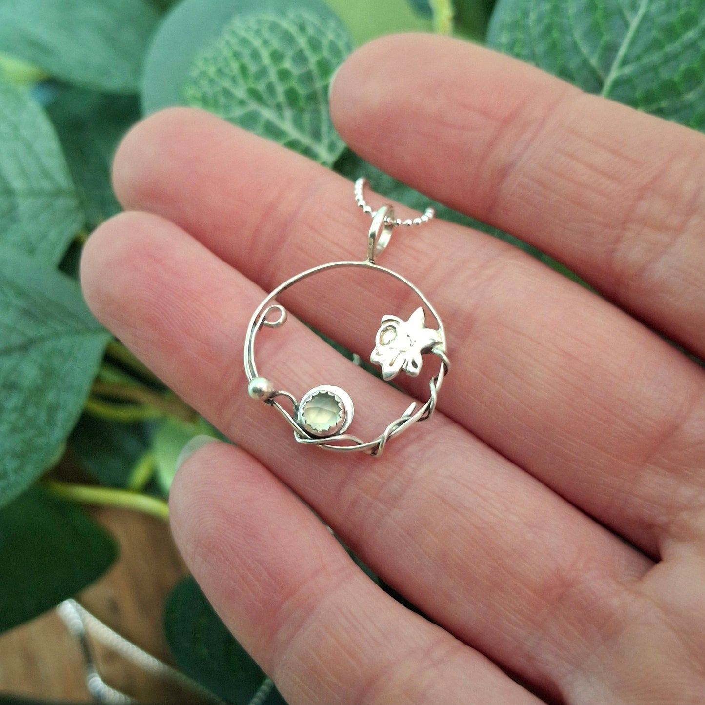 Handmade Round Daffodil Pendant with Green Prehnite