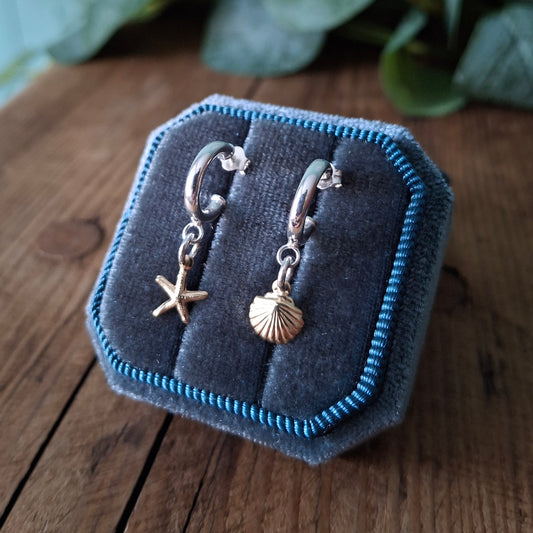 Silver & Gold Shell and Star Fish Hoop Earrings
