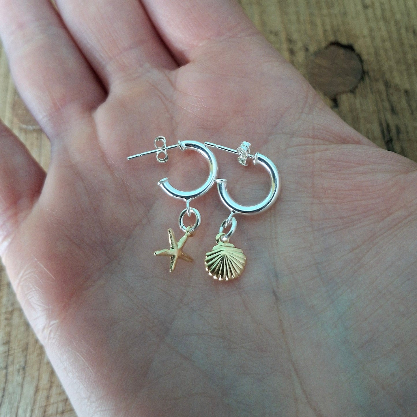 Silver & Gold Shell and Star Fish Hoop Earrings