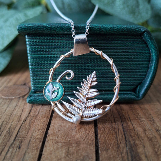 Handmade Fern & Oak Leaf Wreath Silver & Gold Necklace