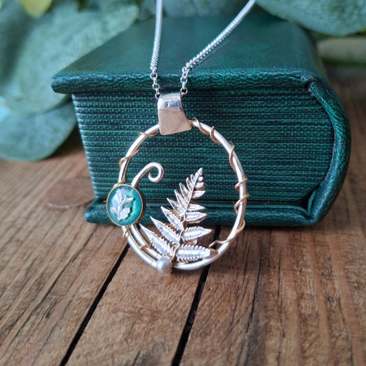 Handmade Fern & Oak Leaf Wreath Silver & Gold Necklace