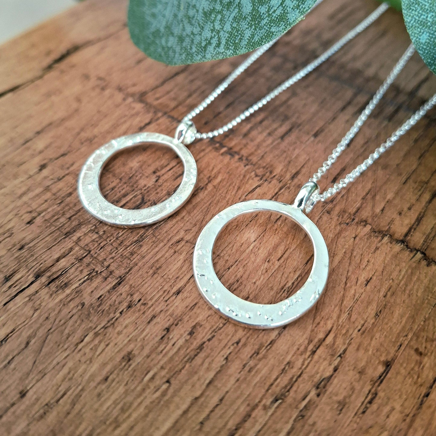 Handmade Textured Circle Pendant Silver Necklace choice of 2