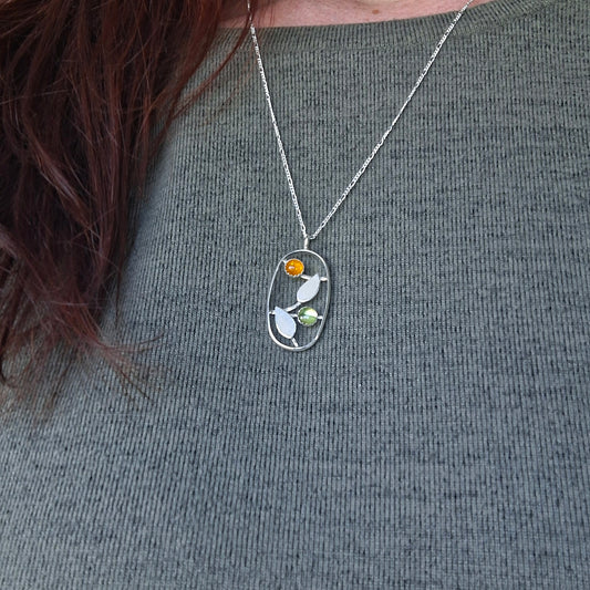 Handmade Leaves Silver Necklace with Peridot and Amber