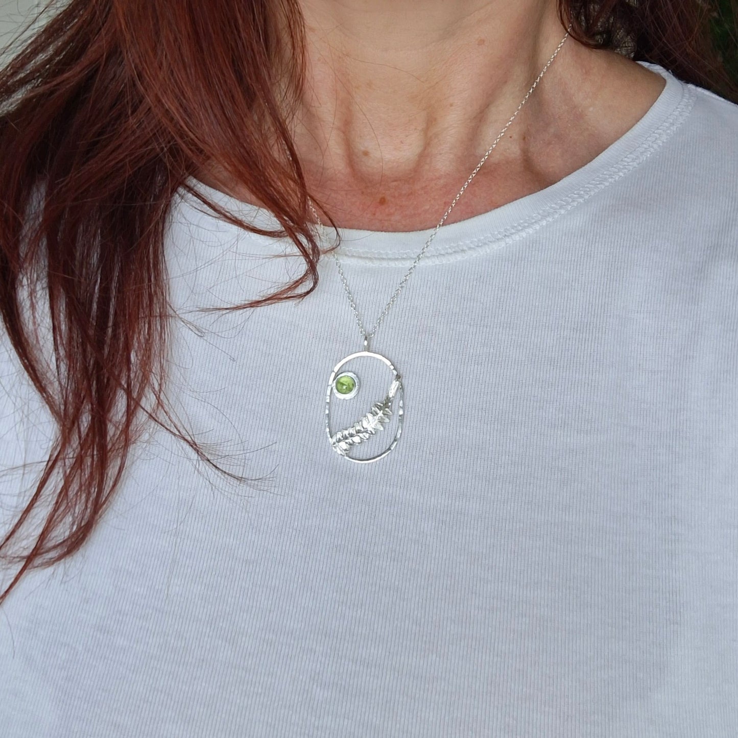 Real Fern Leaf Frame Pendant - Silver Necklace with Peridot