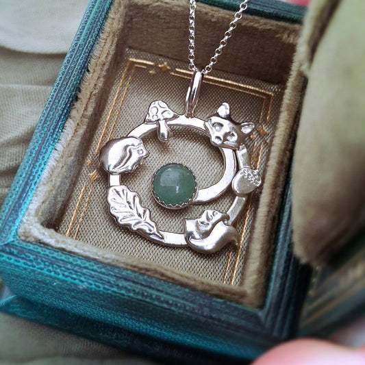 Handmade Forest Wildlife Spiral Silver Necklace with Aventurine