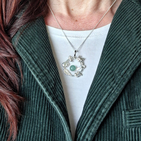 Handmade Forest Wildlife Spiral Silver Necklace with Aventurine