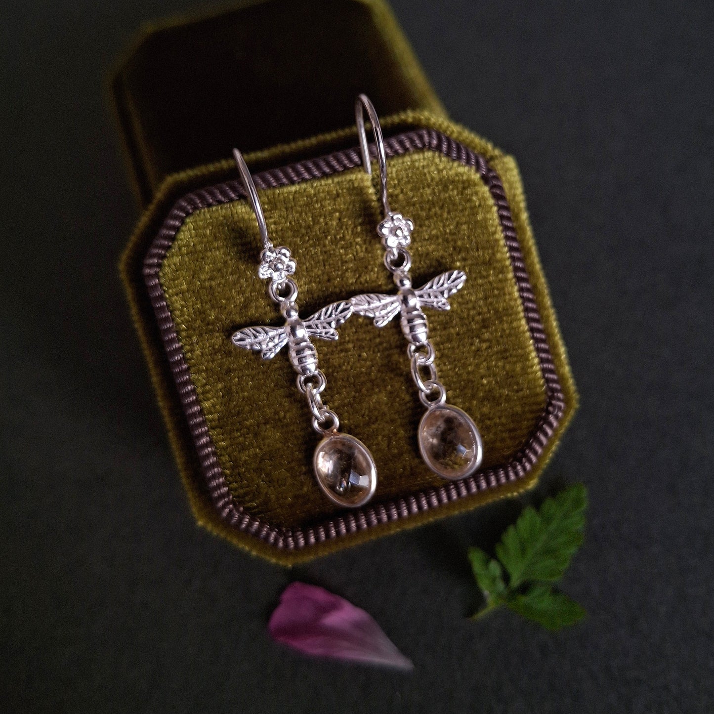 Silver Bee Flower Earrings with Citrine