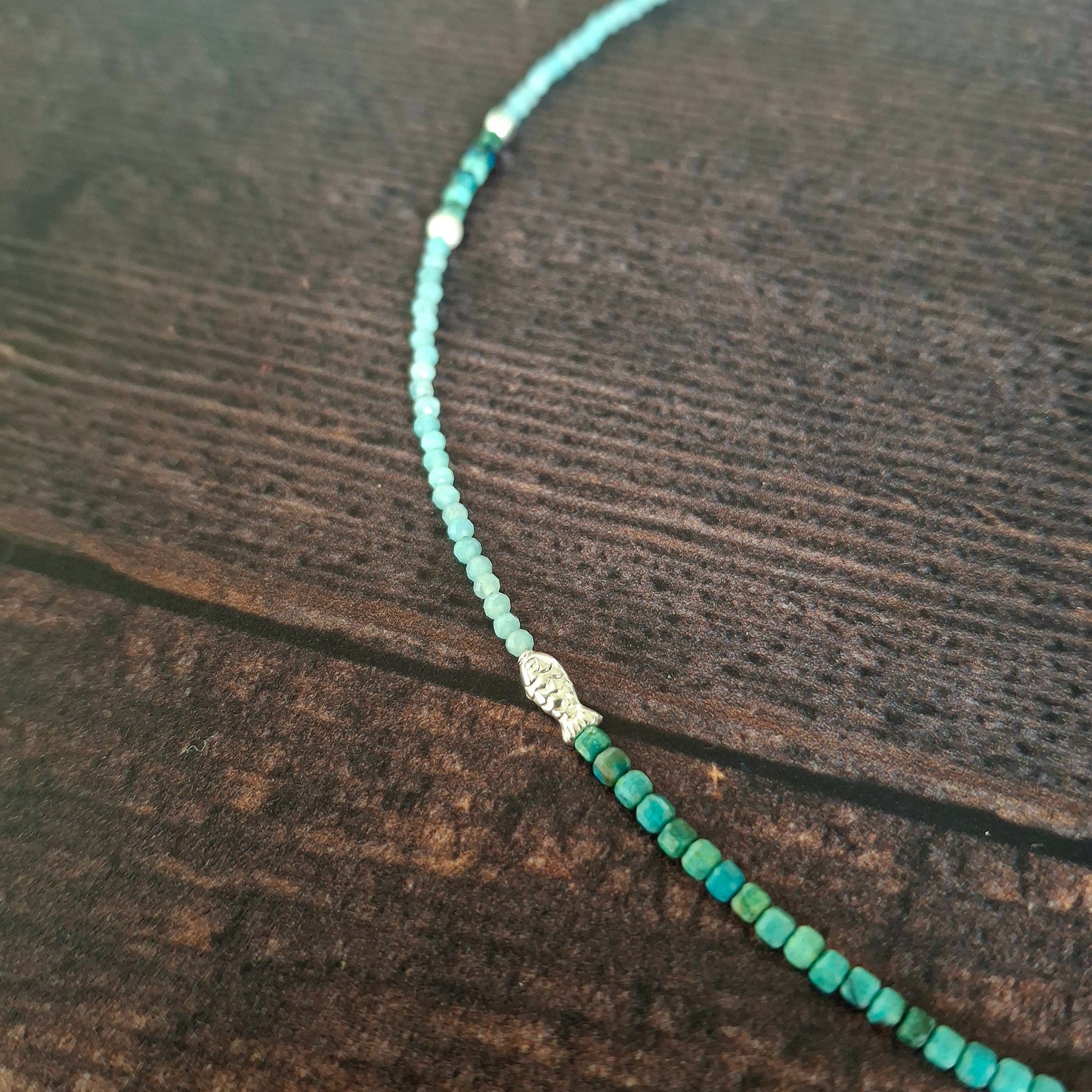 Chrysocolla and Amazonite Necklace with Silver Fish
