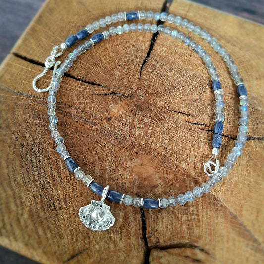 Labradorite and Lapis Lazuli Necklace with Silver Shell Pendant