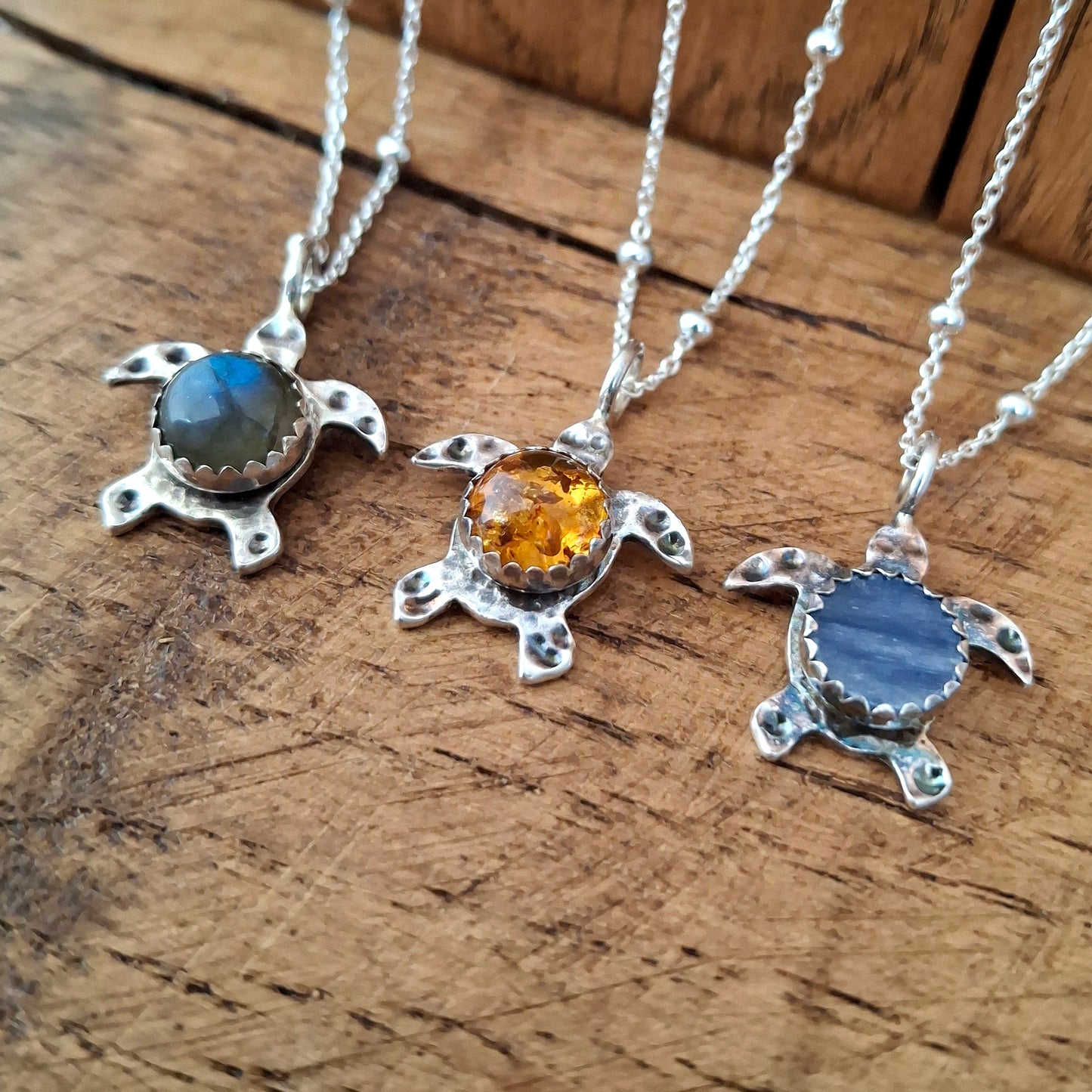 Turtle Charm Necklace Grey Blue Labradorite
