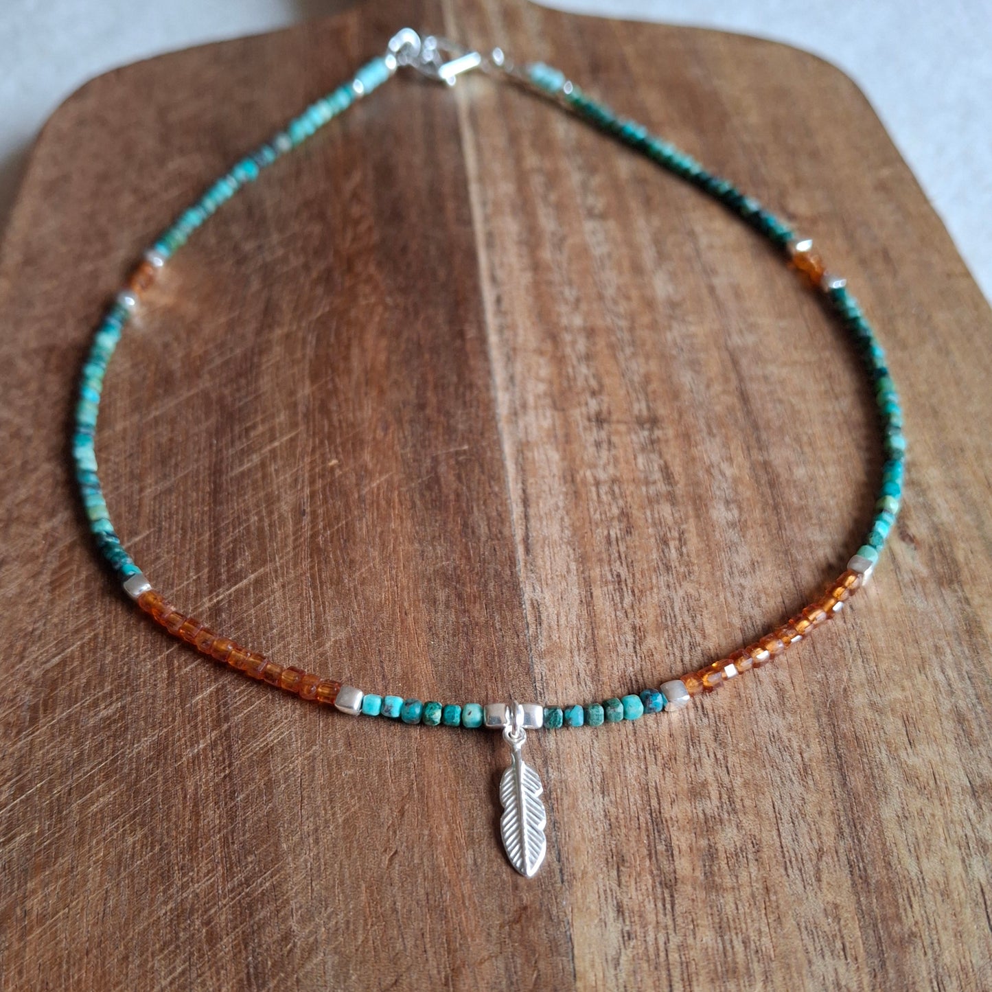 Chrysocolla and Hessonite Garnet Silver Feather Necklace