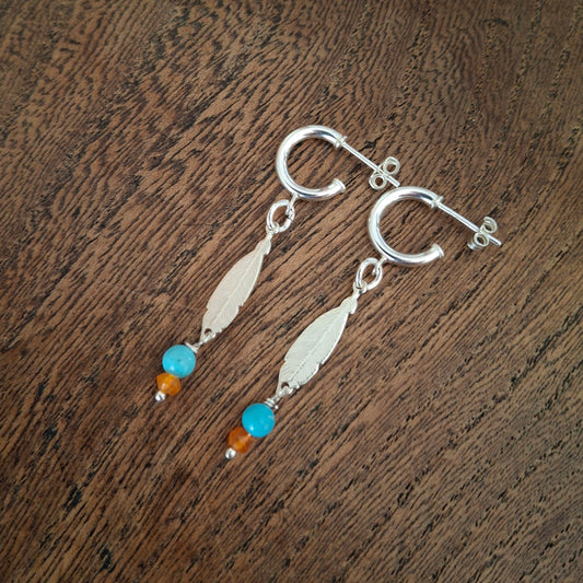 Silver Feather Earrings with Howlite and Carnelian Gemstone Beads