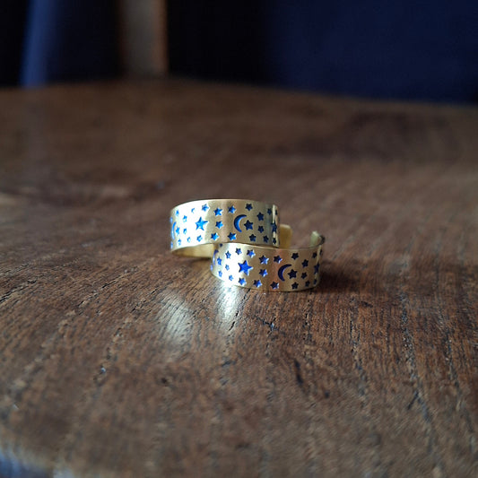 Celestial Night Sky Ring, Gold and Blue, choose your size