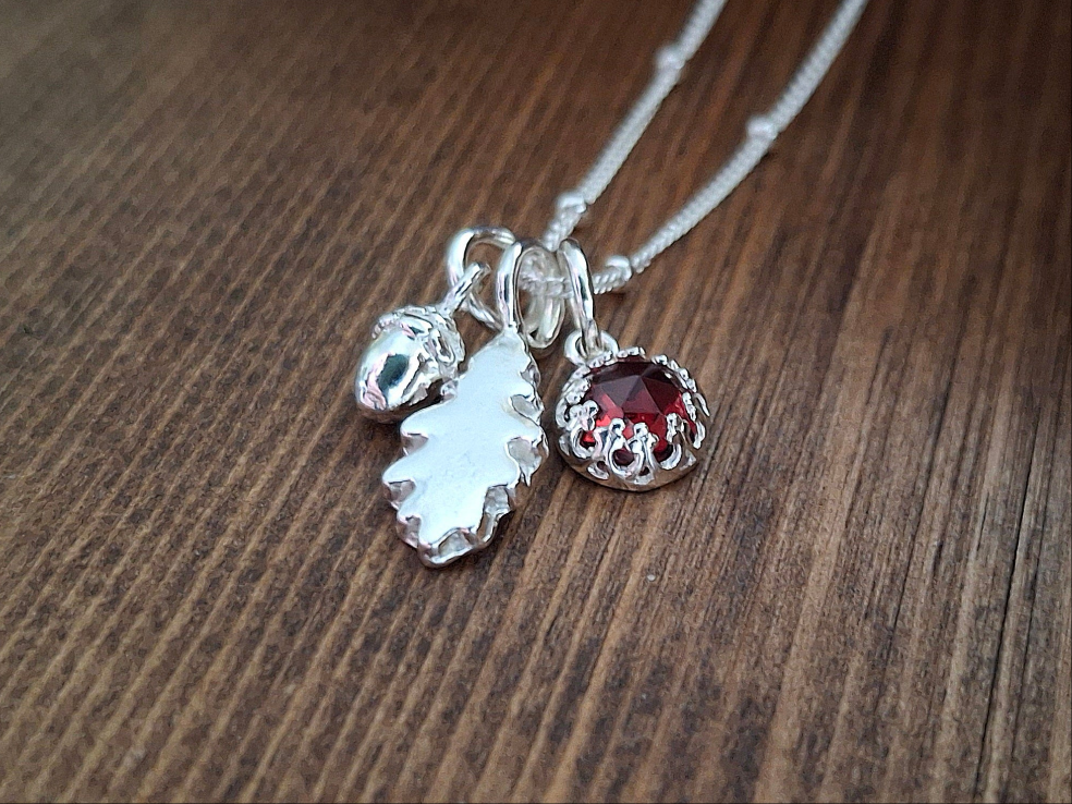 Small Oak Leaf, Acorn & Garnet Silver Necklace