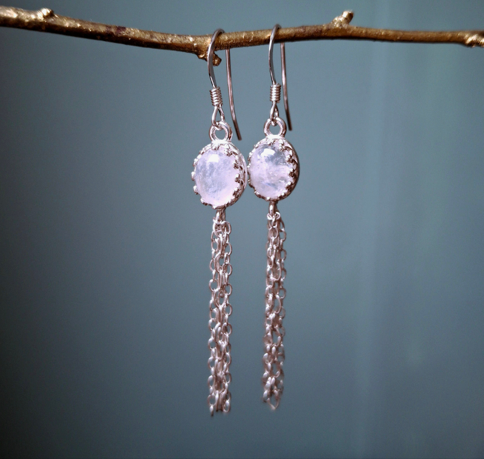 Moonstone Silver Tassel Ear Dangles, Boho Earrings - Irmy Creations