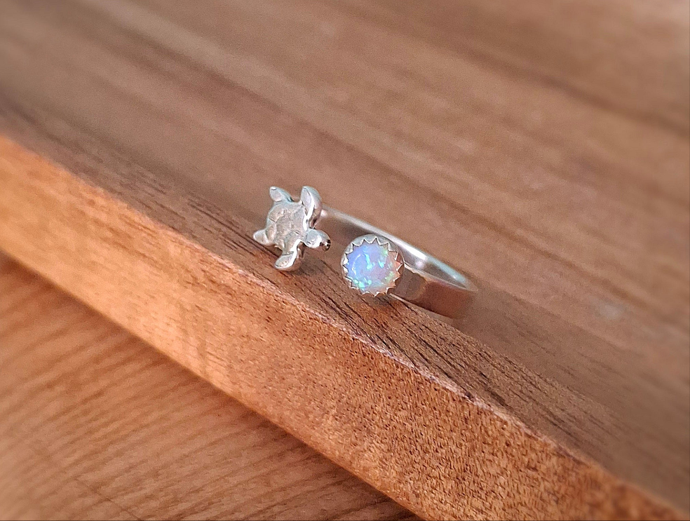Handmade Adjustable Silver Turtle & Opal Ring