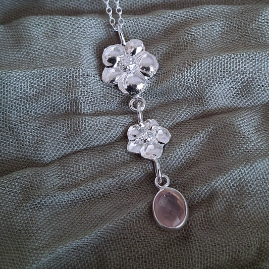 Handmade Rose Quartz Hibiscus Flower Silver Drop Necklace