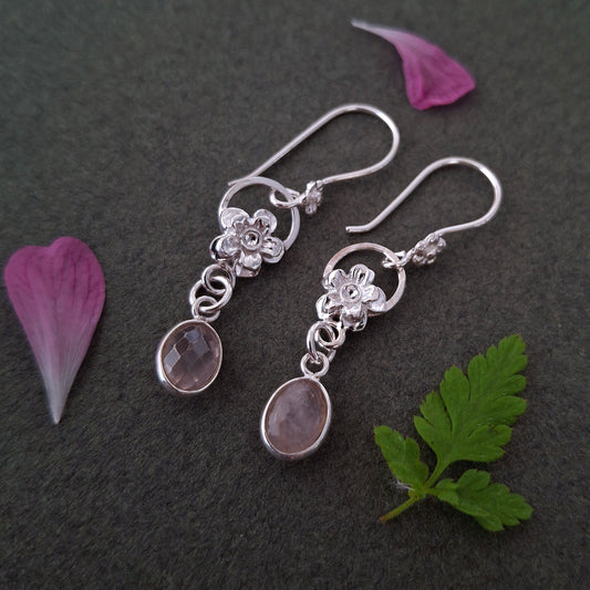 Handmade Forget Me Not Silver Earrings with Rose Quartz