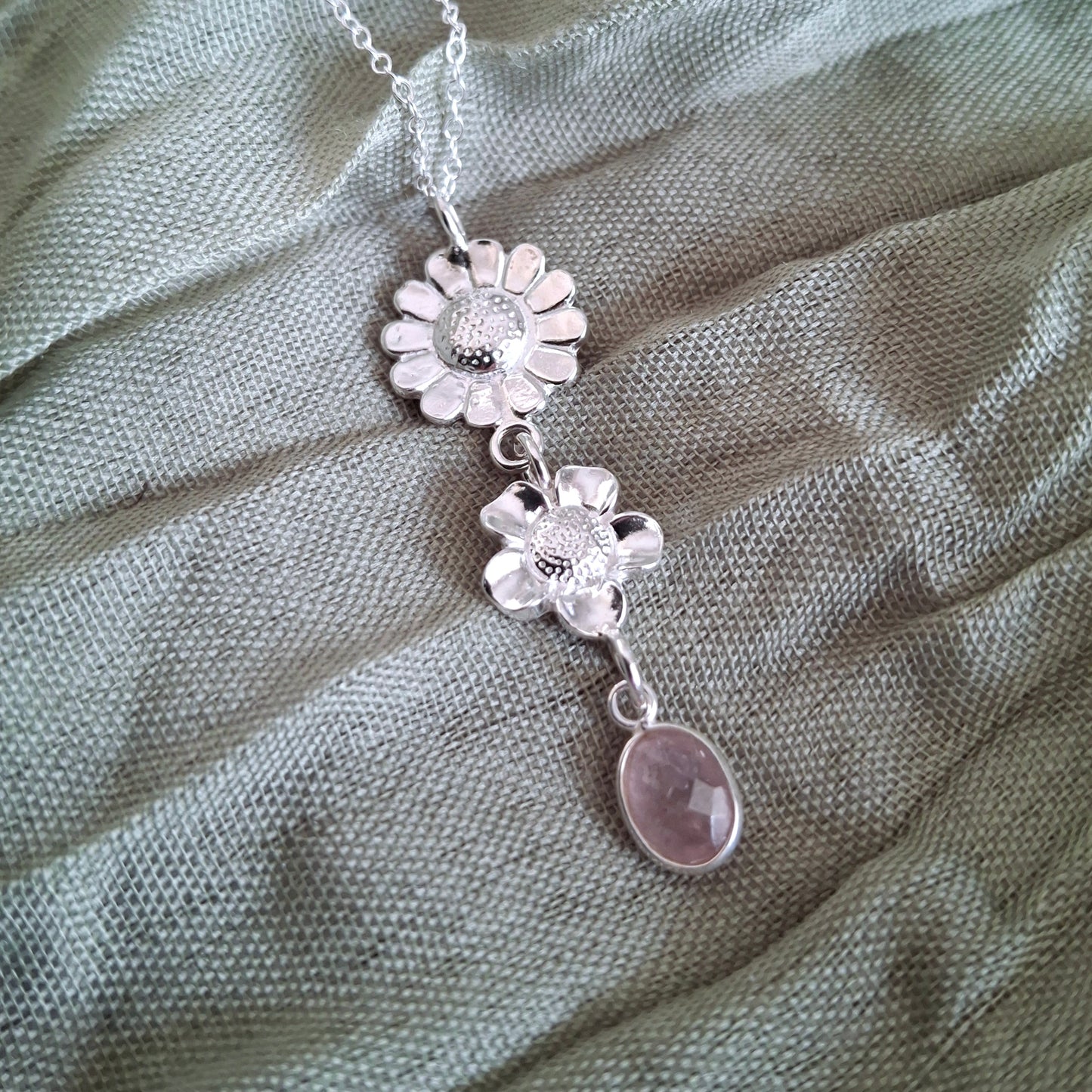 Handmade Rose Quartz Summer Flower Silver Drop Necklace
