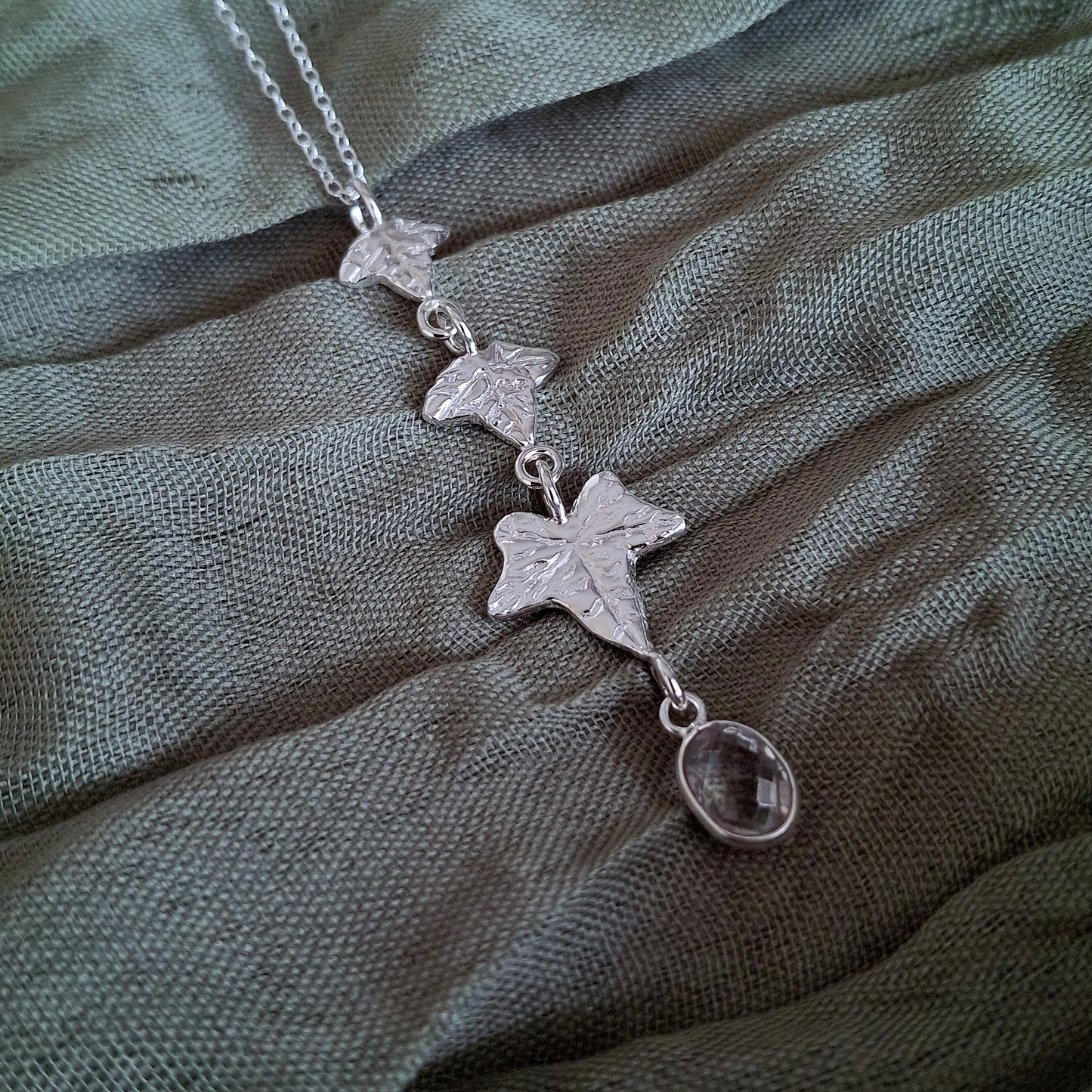 Handmade Ivy Leaves and Prehnite Silver Drop Necklace