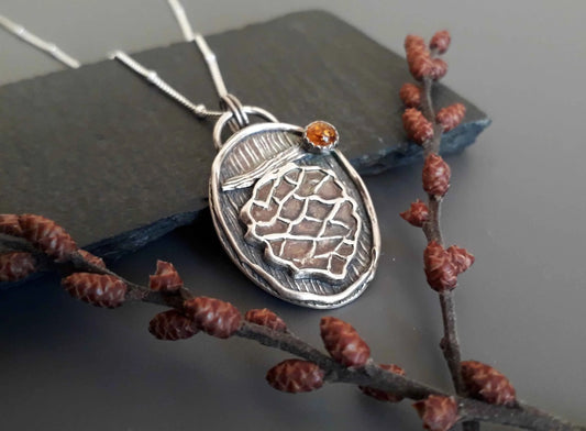 Pinecone Pendant with Amber, Forest Fairy, Handmade Silver Necklace