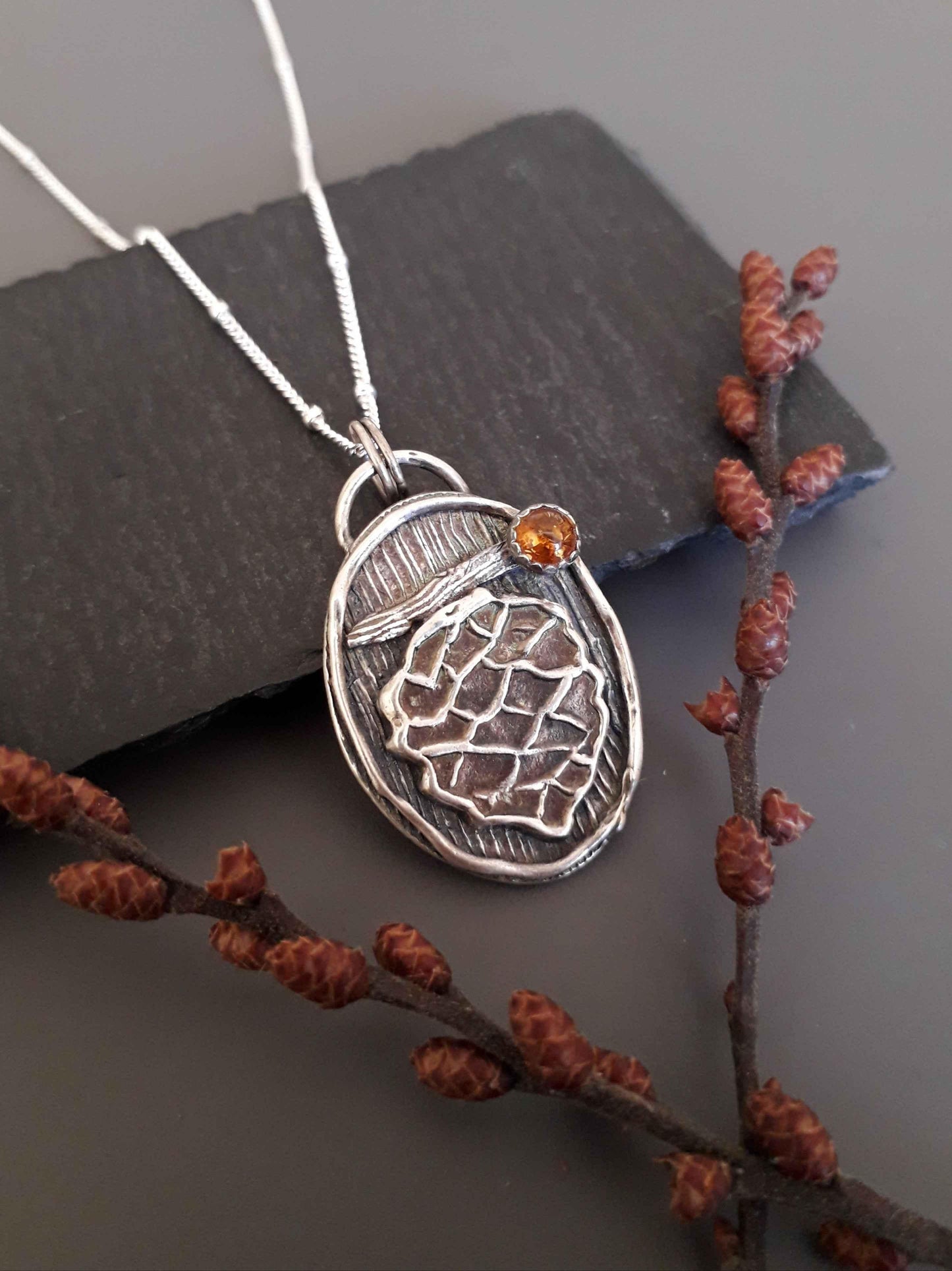 Pinecone Pendant with Amber, Forest Fairy, Handmade Silver Necklace