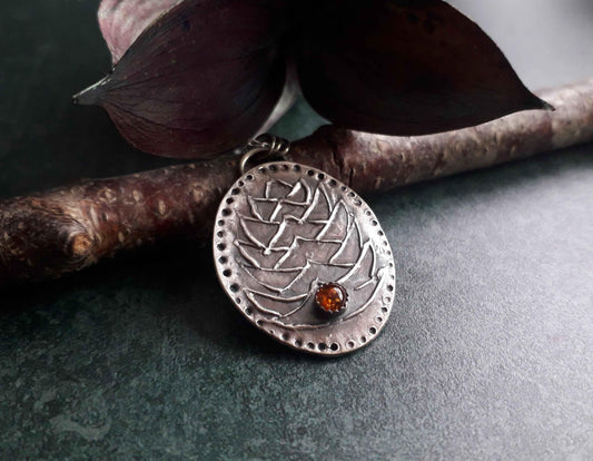 Pinecone Pendant with Amber, Autumn, Forest Fairy, Handmade Silver Necklace