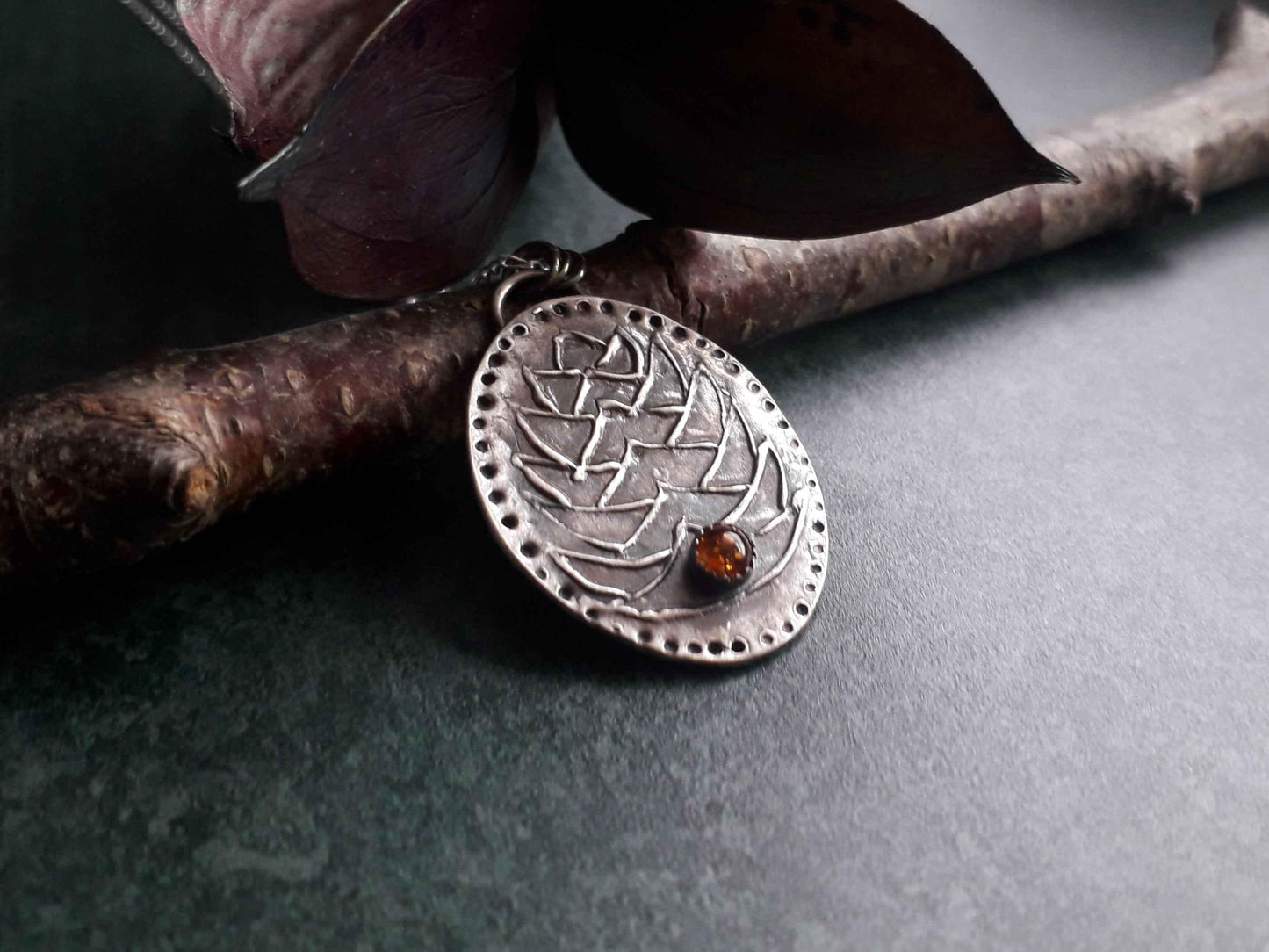 Pinecone Pendant with Amber, Autumn, Forest Fairy, Handmade Silver Necklace