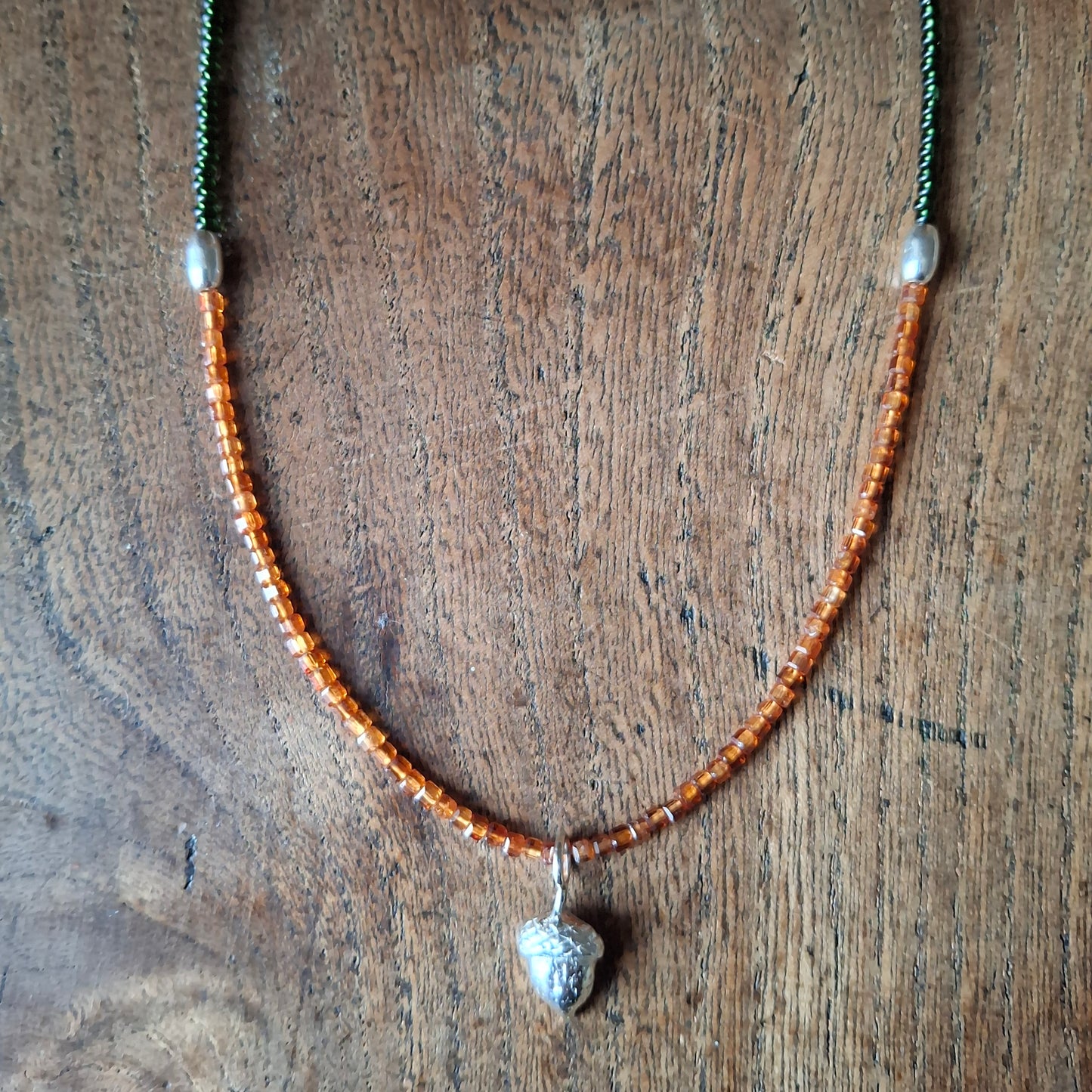 Acorn Silver Necklace with Hessonite Garnet and Glass Beads