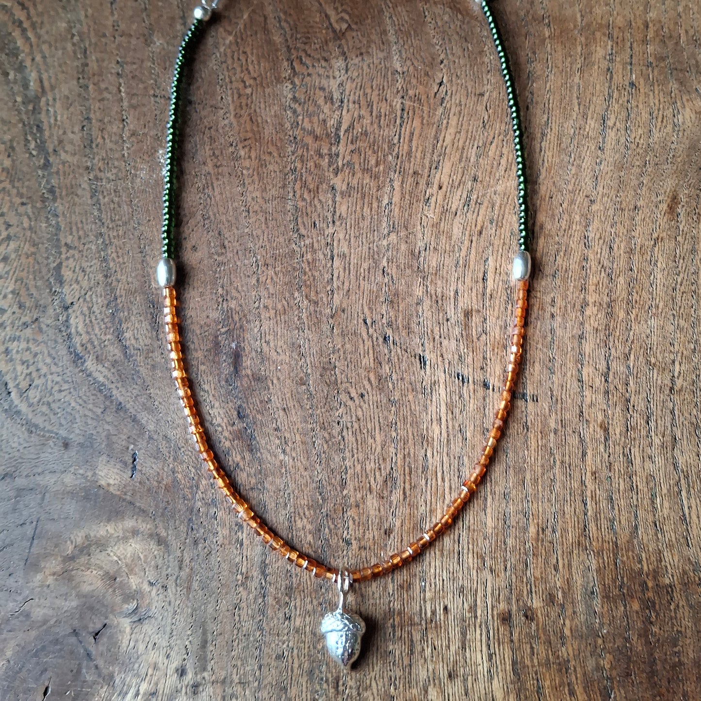 Acorn Silver Necklace with Hessonite Garnet and Glass Beads