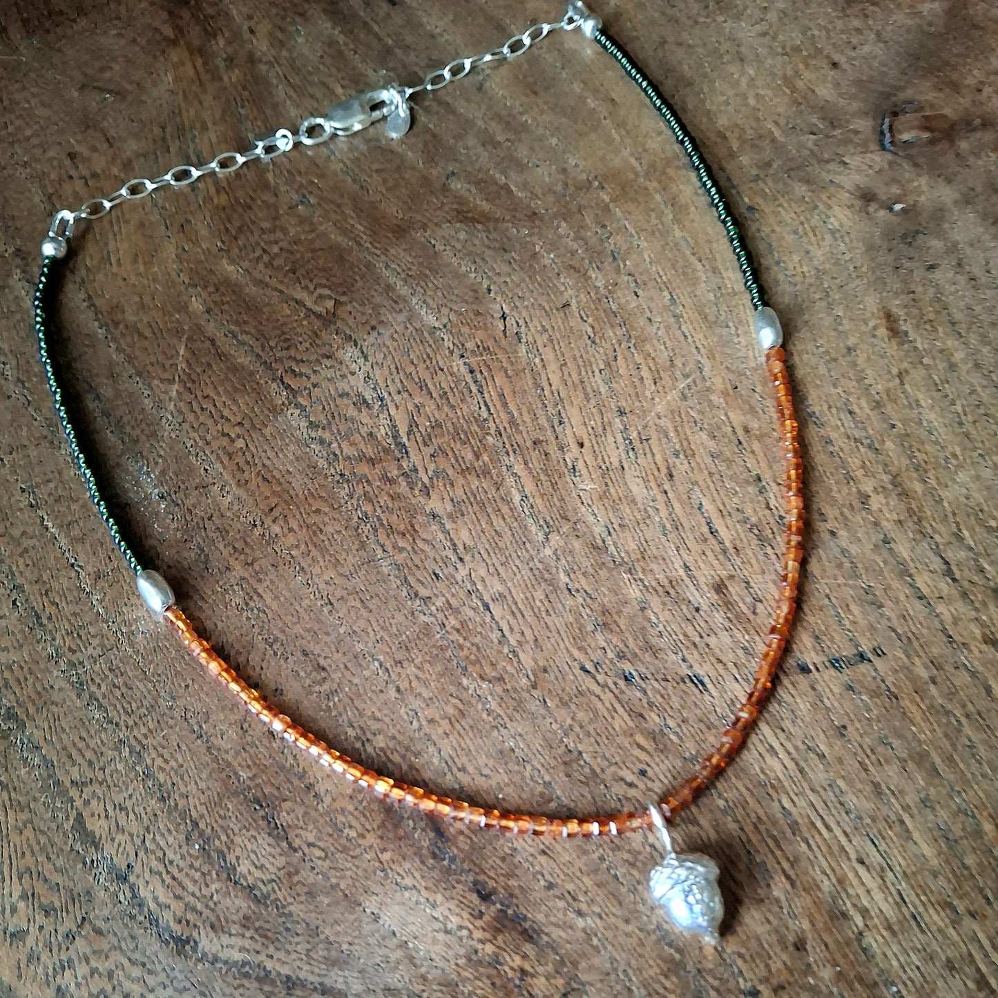 Acorn Silver Necklace with Hessonite Garnet and Glass Beads