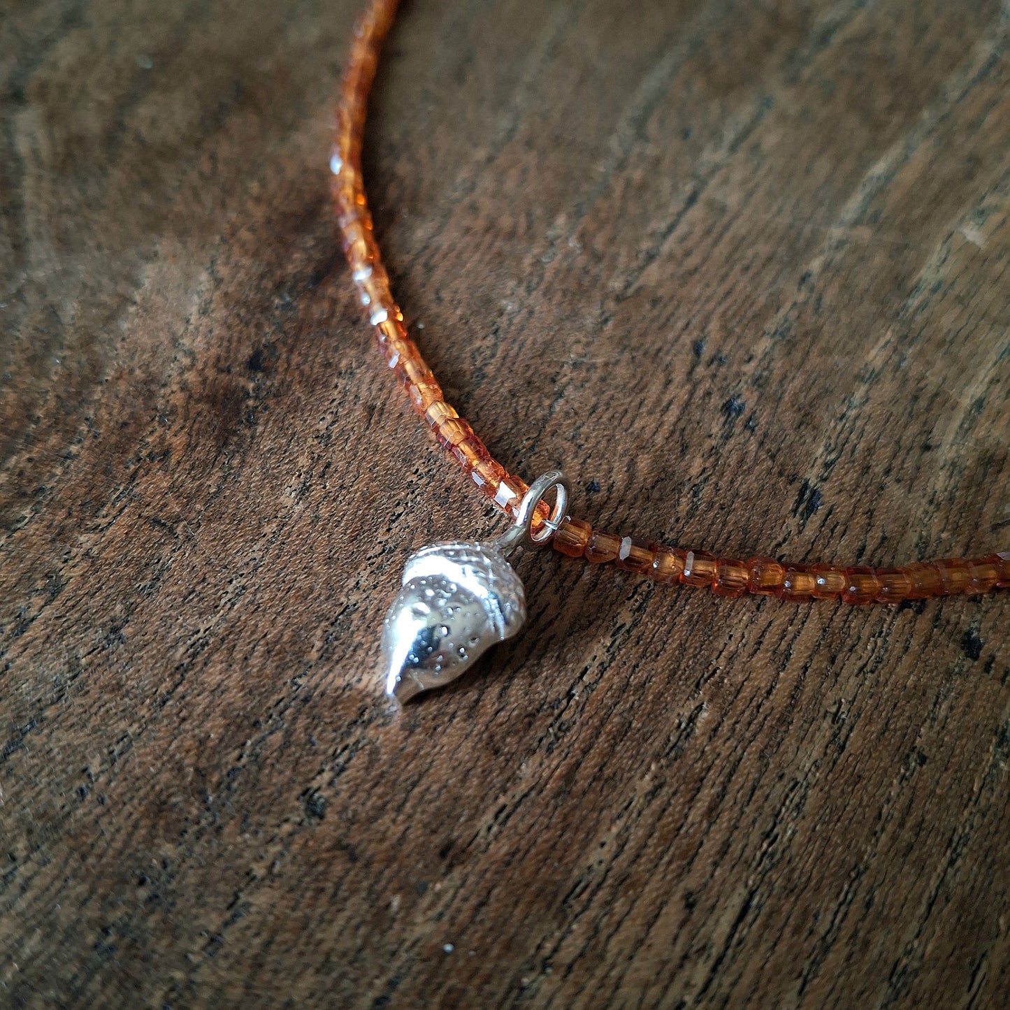 Acorn Silver Necklace with Hessonite Garnet and Glass Beads