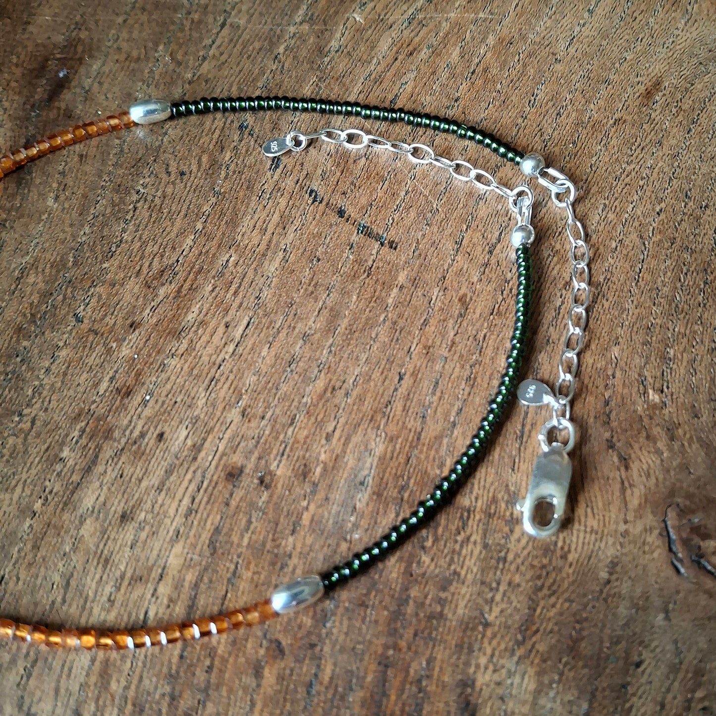 Acorn Silver Necklace with Hessonite Garnet and Glass Beads