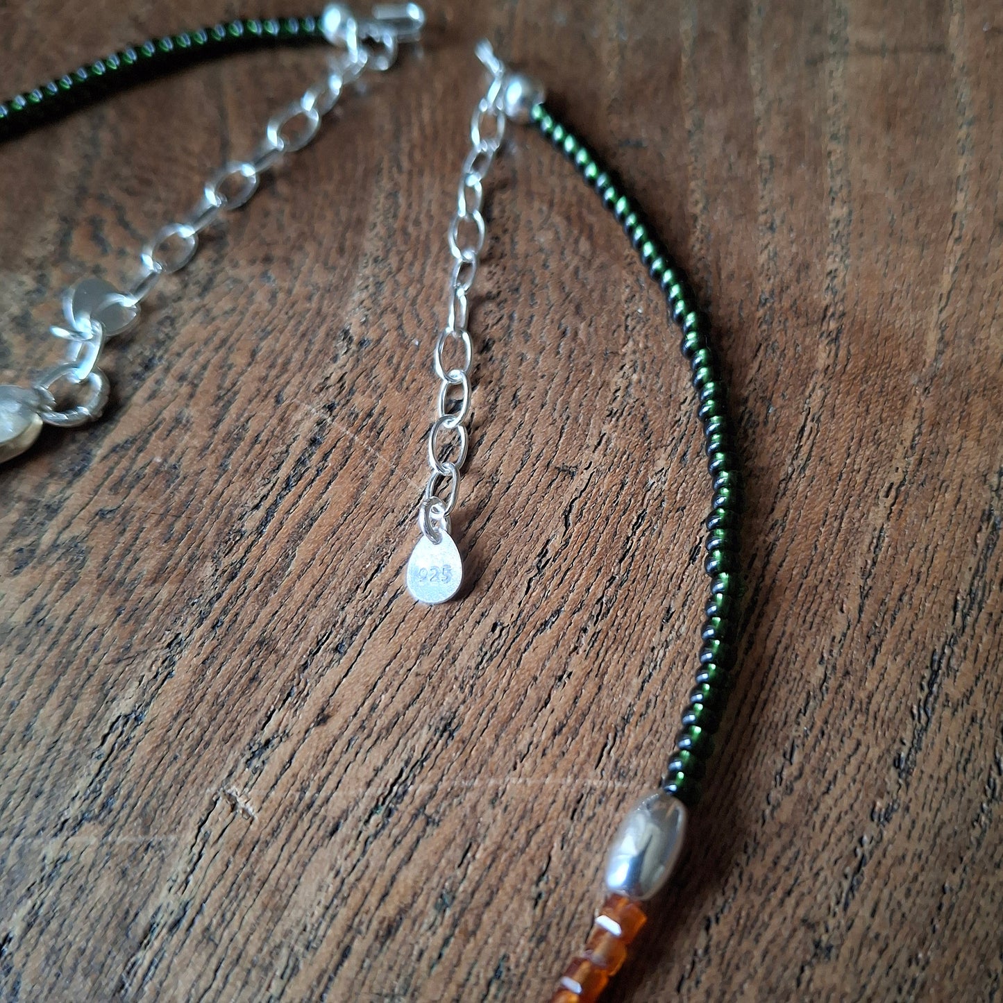 Acorn Silver Necklace with Hessonite Garnet and Glass Beads