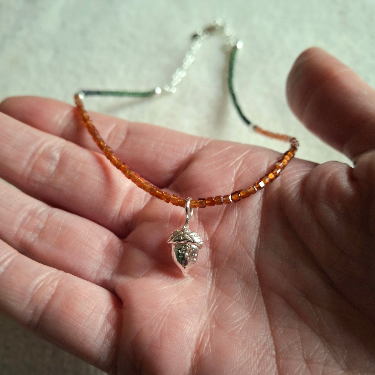 Acorn Silver Necklace with Hessonite Garnet and Glass Beads