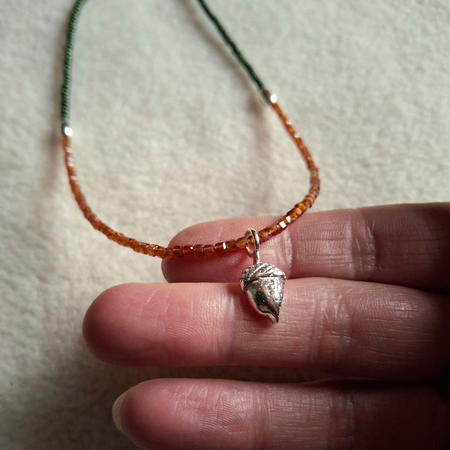 Acorn Silver Necklace with Hessonite Garnet and Glass Beads