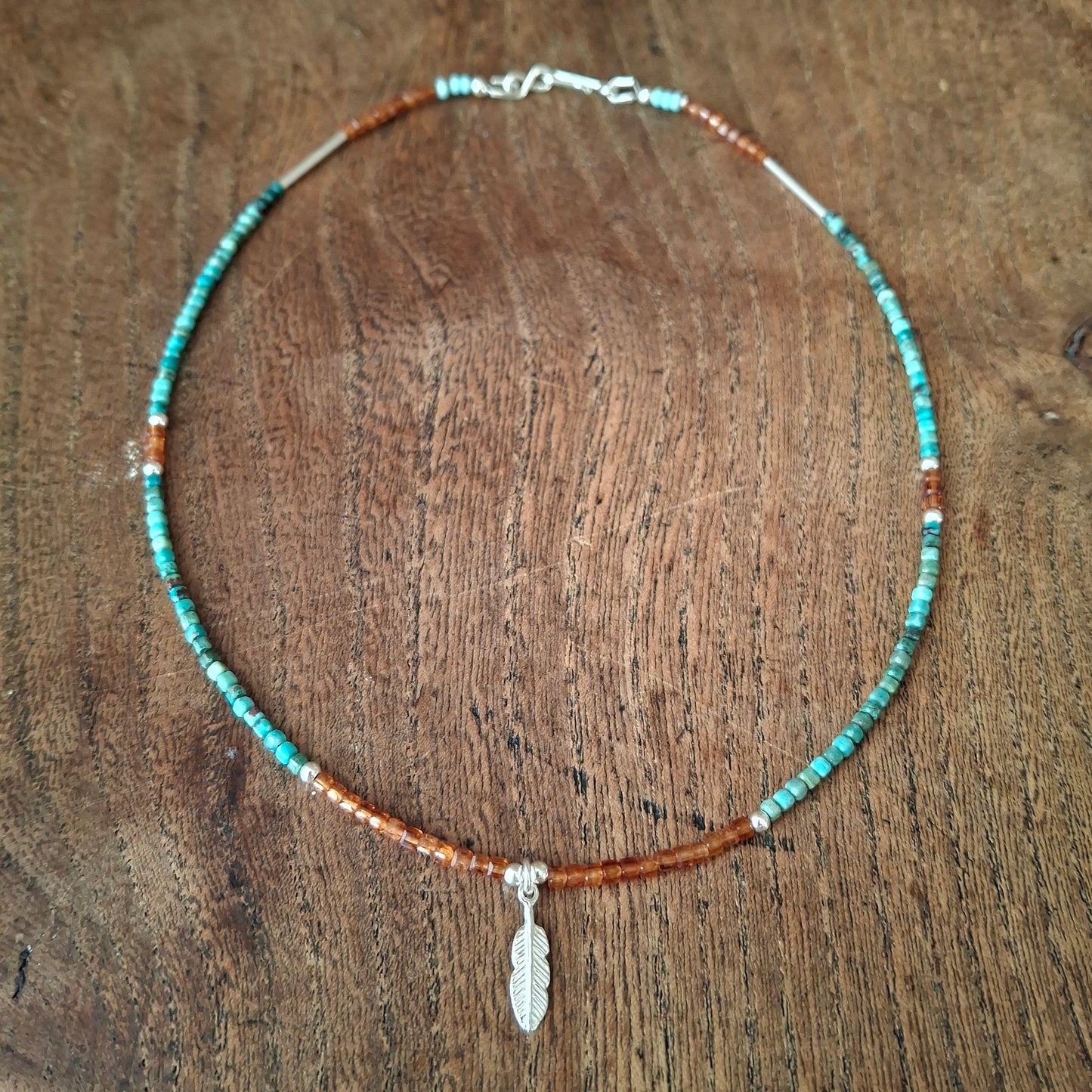 Chrysocolla and Hessonite Garnet Silver Feather Necklace 2