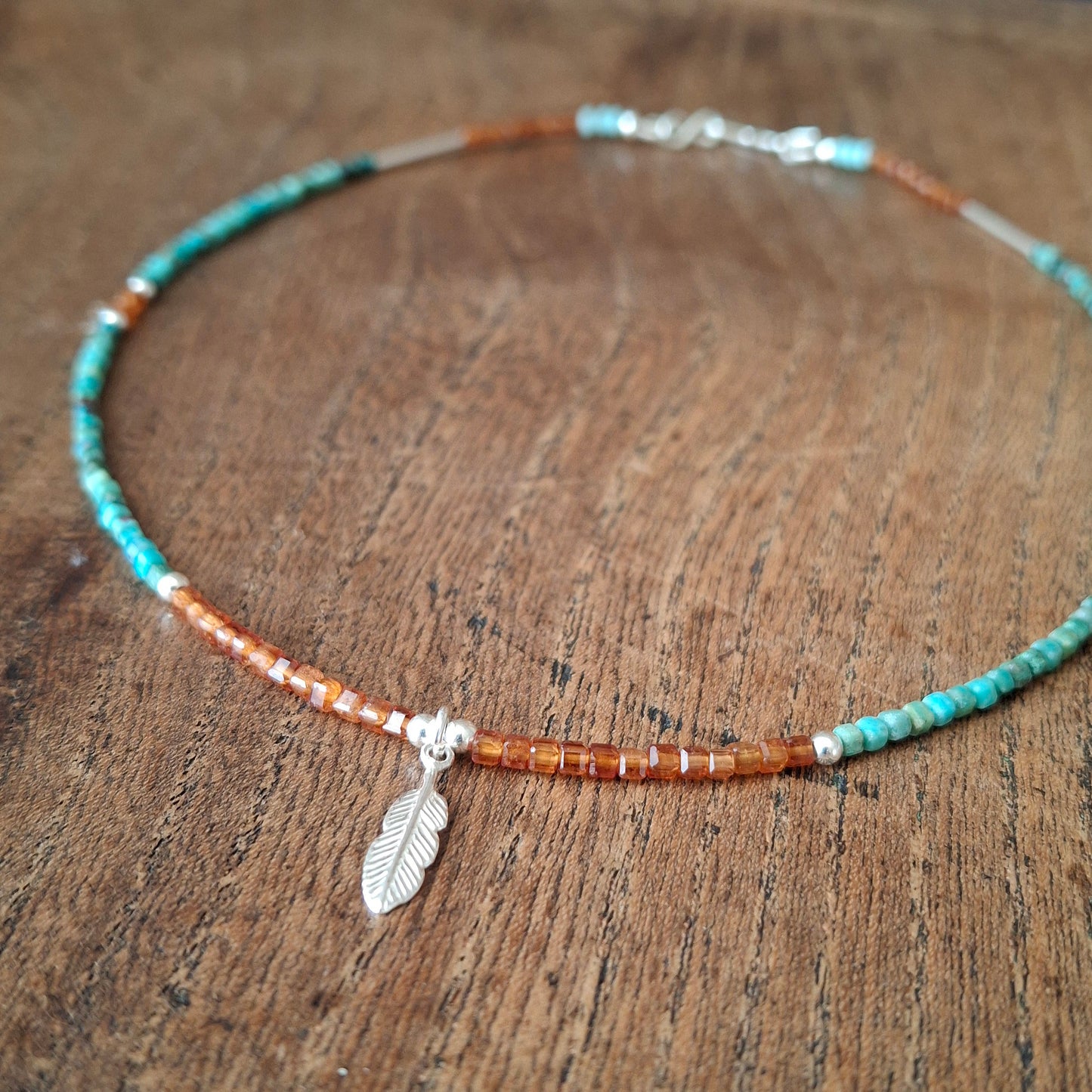 Chrysocolla and Hessonite Garnet Silver Feather Necklace 2