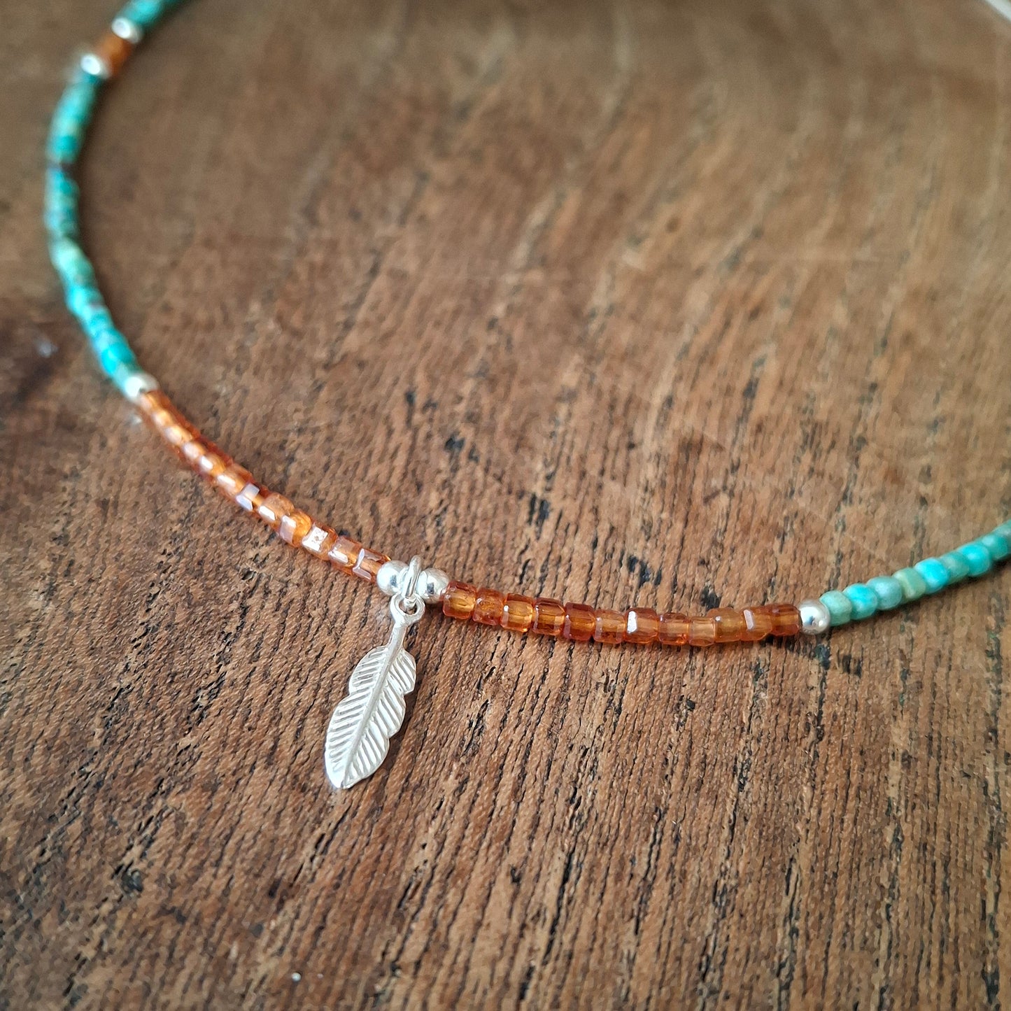 Chrysocolla and Hessonite Garnet Silver Feather Necklace 2