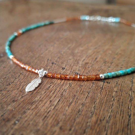 Chrysocolla and Hessonite Garnet Silver Feather Necklace 2