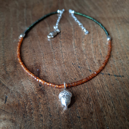 Acorn Silver Necklace with Hessonite Garnet and Glass Beads