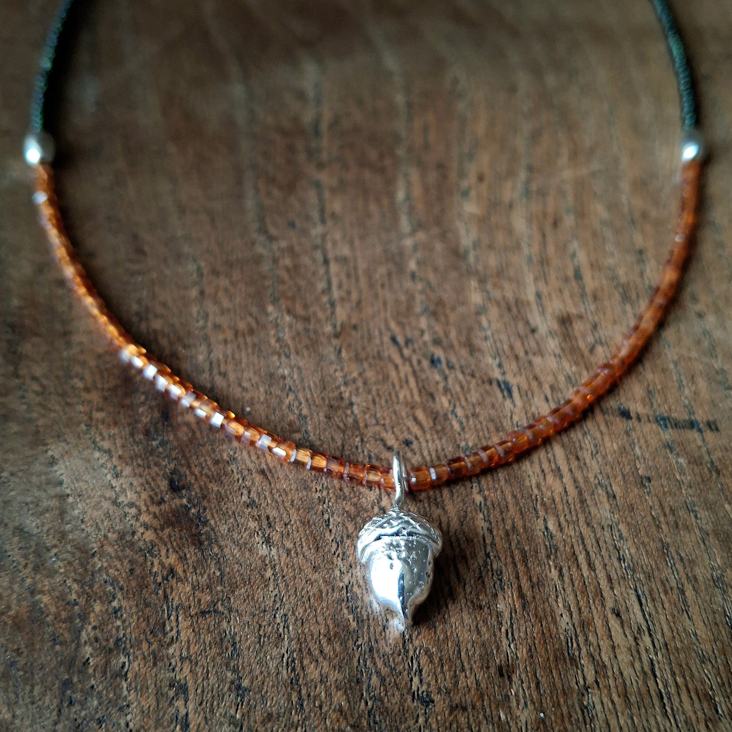 Acorn Silver Necklace with Hessonite Garnet and Glass Beads