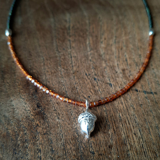 Acorn Silver Necklace with Hessonite Garnet and Glass Beads