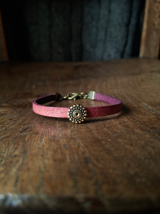 Plum Coloured Leather Bracelet with Antique Gold Mandala Charm
