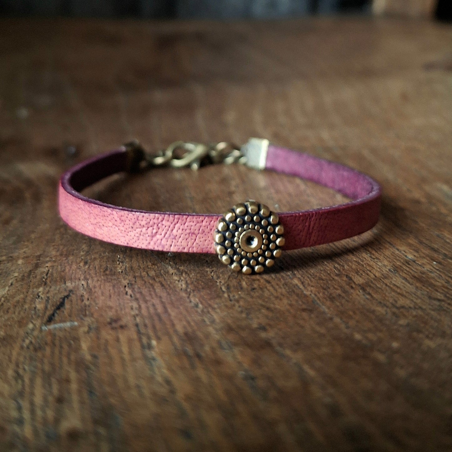 Plum Coloured Leather Bracelet with Antique Gold Mandala Charm