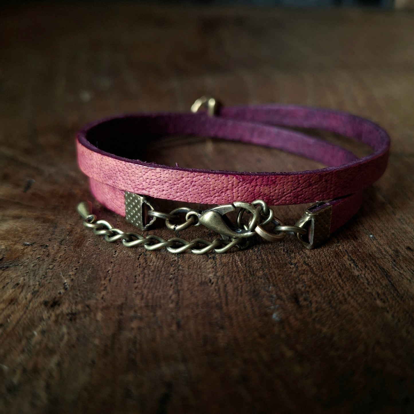 Plum Coloured Leather Wrap Bracelet with Antique Gold Mandala Charm